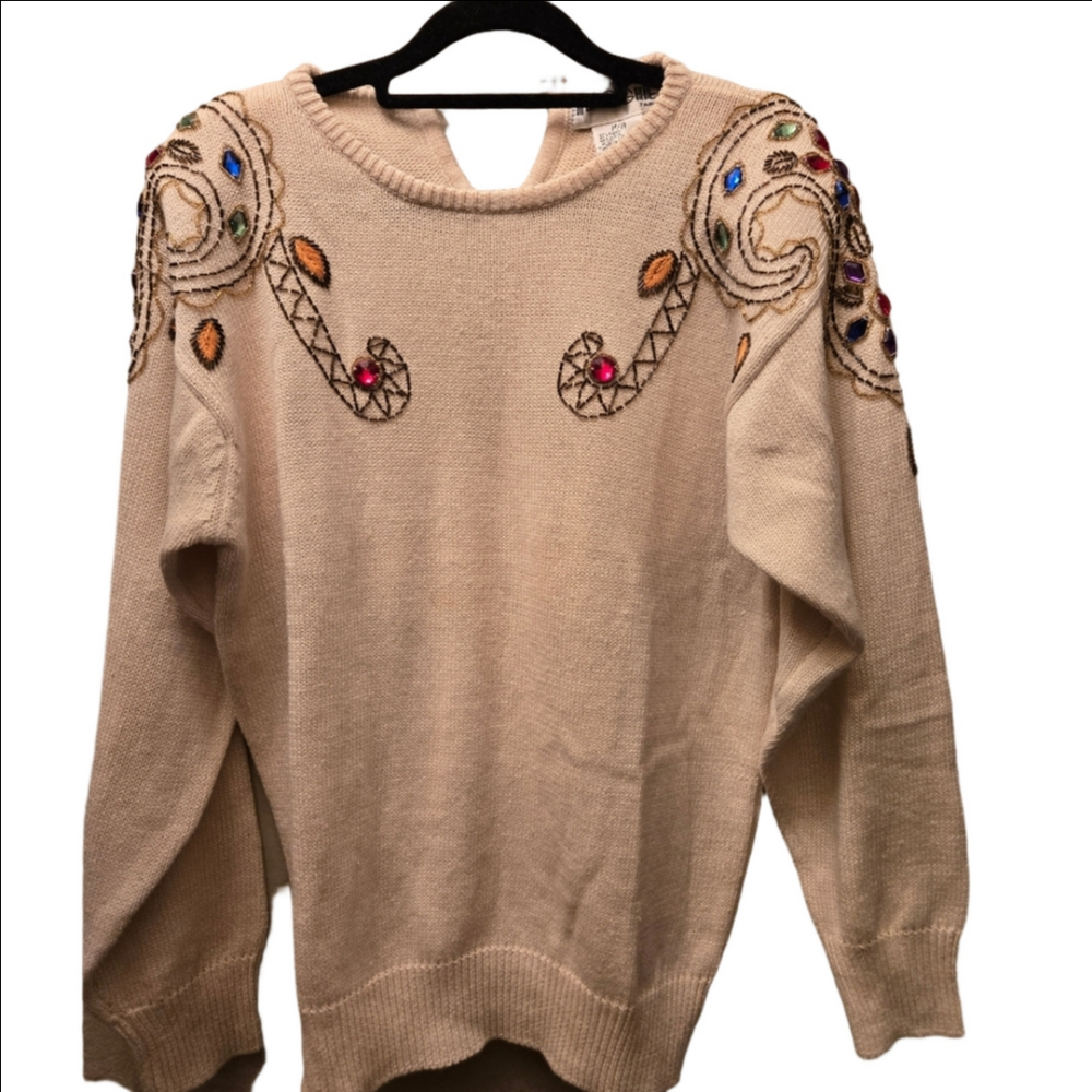 Vintage 80s Maggie JAM Beaded Embellished Sweater Cream Ramie Cotton M